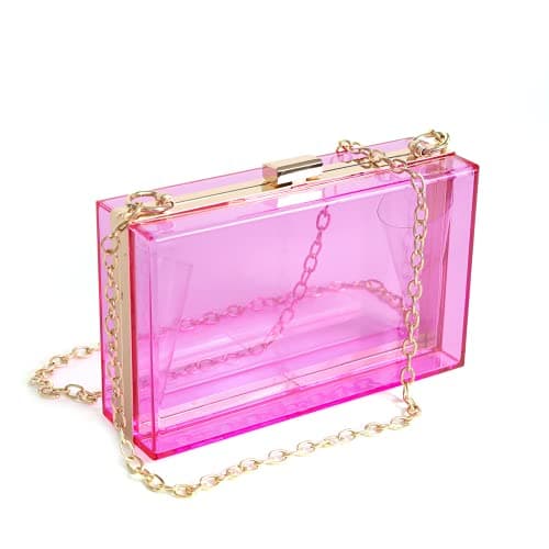 WJCD Women Clear Purse Acrylic Box Clutch Handbag, Small Transparent Crossbody Evening Bag Stadium Approved Gold Chain Strap (Purple)