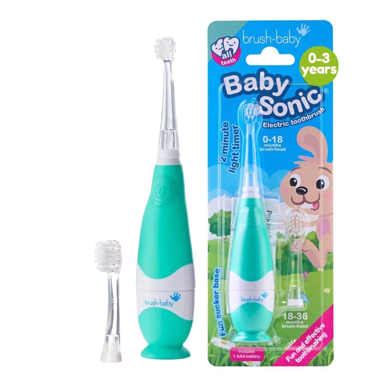 brushbaby BabySonic Infant and Toddler Electric Toothbrush for Ages 03 Years Smart LED Timer and Gentle Vibration Provide a Fun Brushing Experience Includes 2 Sensitive Brush Heads Teal