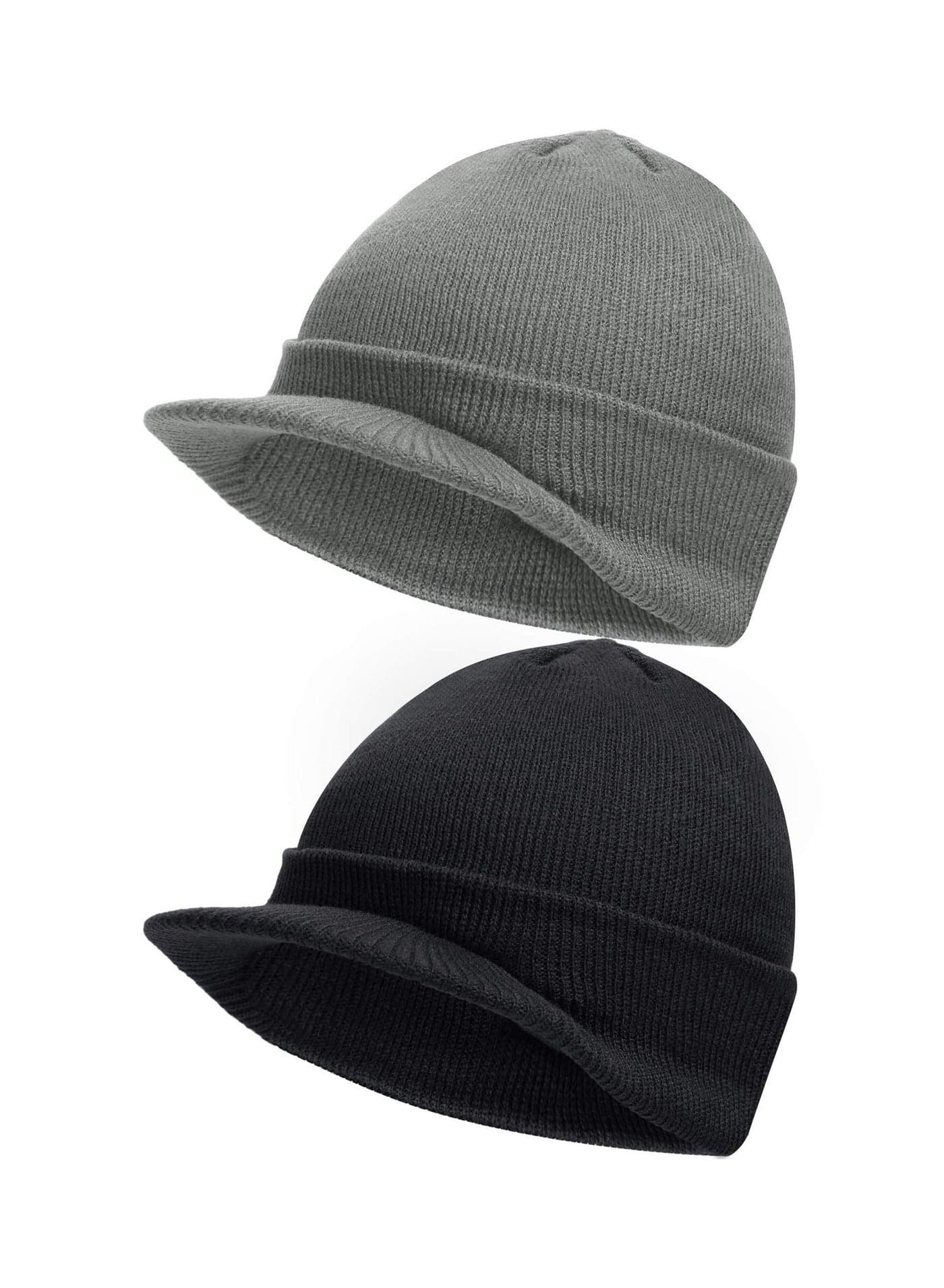 2Pcs Winter Men's Knit Cap with Brim Beanie Hat Warm Thick Hat, Fleece cap Visor - Men Women Earflap Skull Watch for Outdoor (Black & Grey, Fit Size: 8 x 21-23in)