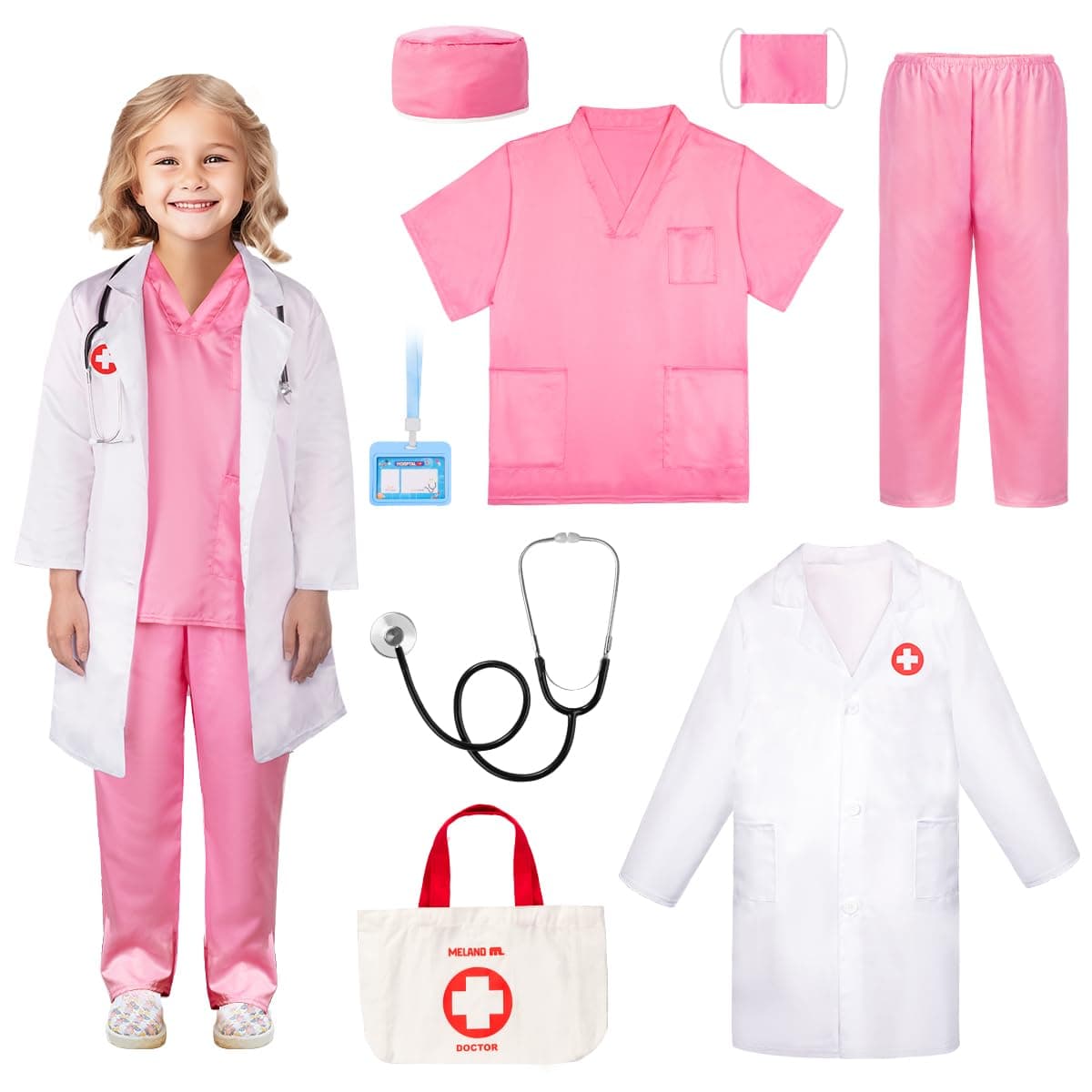 Meland Doctor Costume for Girls Kids Scrubs with Lab Coat Carry Bag Doctor Dress Up for Halloween Career Day Role PlayPink910 Years
