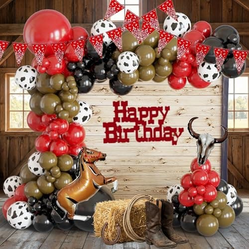 Ceeulvu Western Balloon Arch Kit Black Red Brown Cowboy Balloon Garland with Red Pennant Banner Cow Print Horse Bull Head Balloon for First Rodeo Birthday Country Western Party Decor