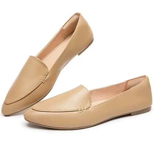 FINIWOR Loafers for Women Flats Shoes Women Pointed Toe Dress Shoes Comfortable Memory Foam Penny Loafers Slip On Shoes(Apricot US8)
