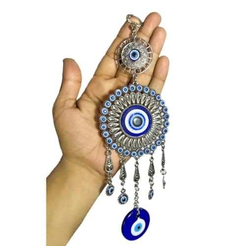 DT DECTONE Plastic Lucky Hamsa Hand Nazar Battu, Evil Eye Hanging with Bells for Car and Home Enterence, Fengshui for Positive Energy (Round)Blue