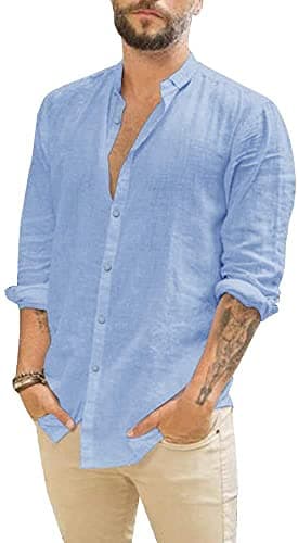 JEKAOYI Mens Casual Long Sleeve Cotton Linen Shirts Buttons Down Solid Plain Roll-Up Sleeve Summer Beach Shirts Blue