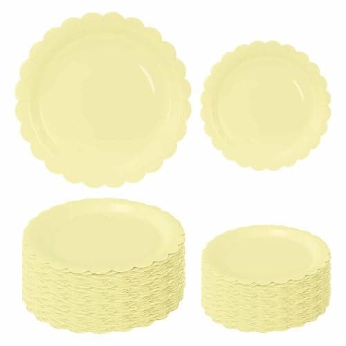 FALIZIFU 50 Pcs Yellow Scalloped Paper Plates 25 × 7'' and 25 × 9'' Disposable Yellow Scalloped Dinner Plates for Wedding Baby Shower Birthday Party Disposable Dessert Plate