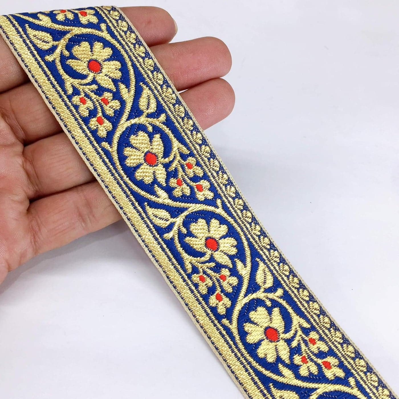 Lami 9 Meter Blue Flower Design Saree Lace with Golden Thread,Flower Design Banarasi Saree Border Blue Lace,Designer Saree Border,Ribbon,Dupatta Lace,Trim & Embellishments,Indian Trimmings