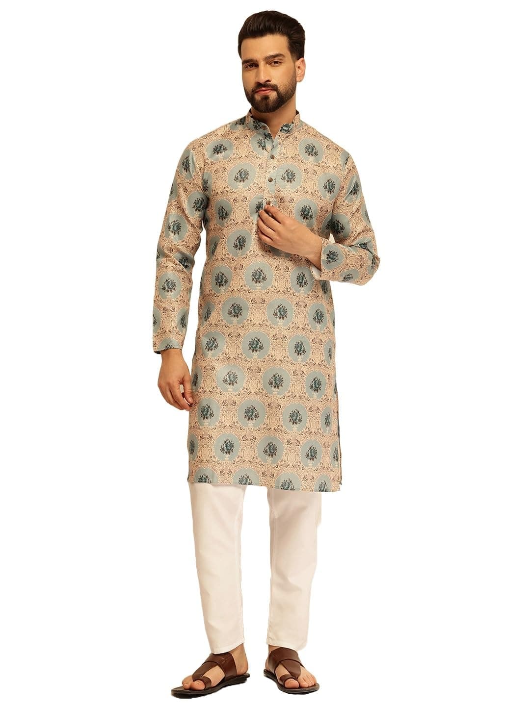 SOJANYA (Since 1958 Men's Cotton Linen Motif Bloom Printed Pista Kurta With White Pyjama