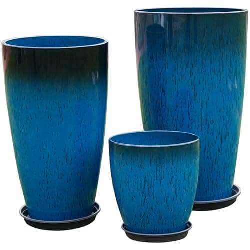 MinCHI257 24,21,11 Inch Large Plastic Planters with Drainage Hole and Saucer - Set of 3 Tall Plant Pots Indoor Flower Pot Tall Round Planters Outdoor Large Tall Planter
