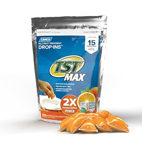 Camco TST MAX RV Toilet Treatment DropINs Control Unwanted Odors and Break Down Waste and Tissue Safe Septic Tank Treatment Orange Scent 15Pack 41189