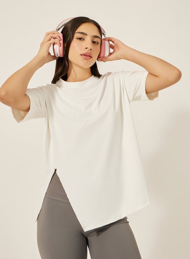 Plain Side Slit Short Sleeve Top — M