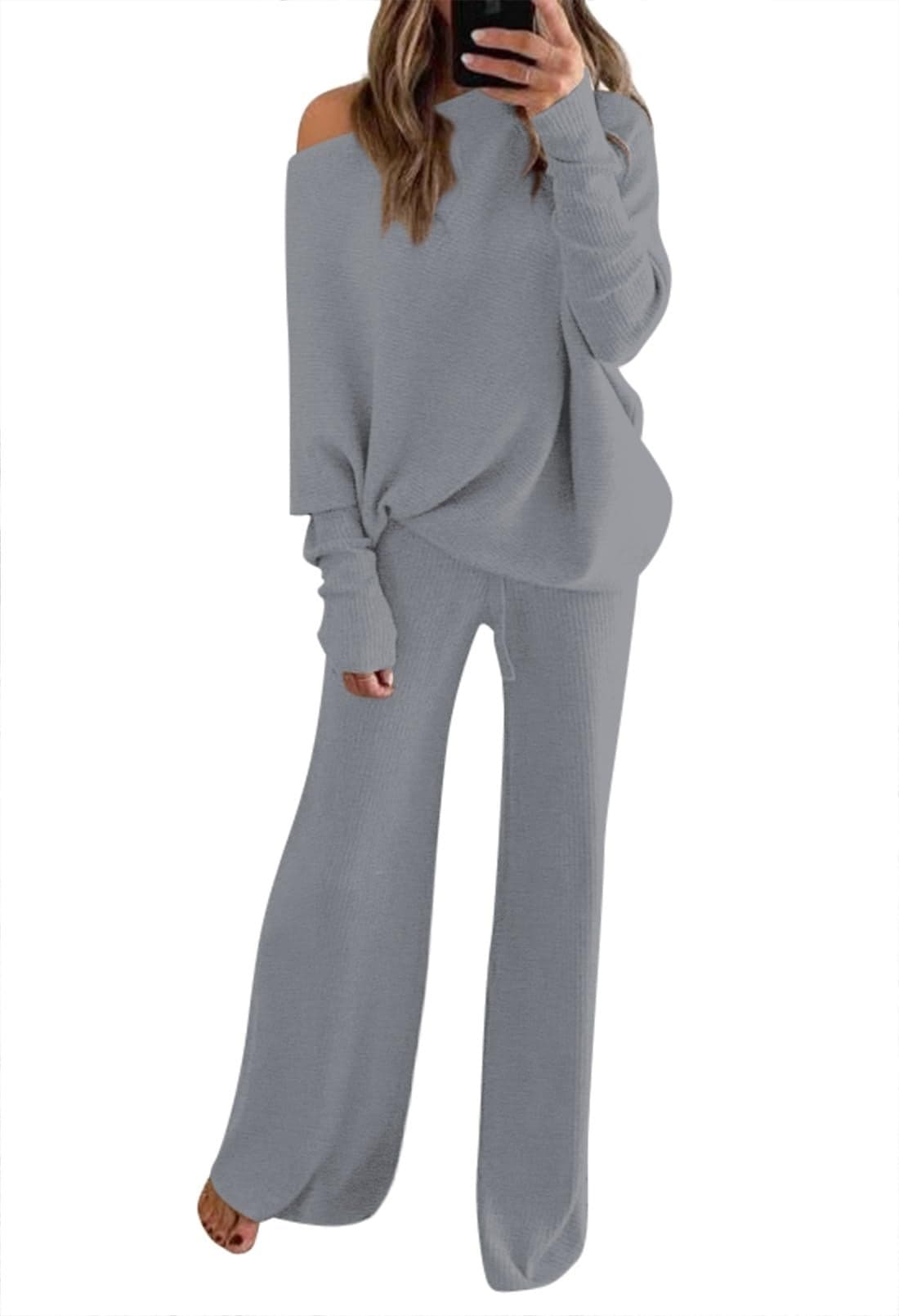 Fixmatti 2 Pc Knitted Outfits for Women Boat Neck Loose Sweater Top with Pants Knit Sweatsuit Sets Grey XL