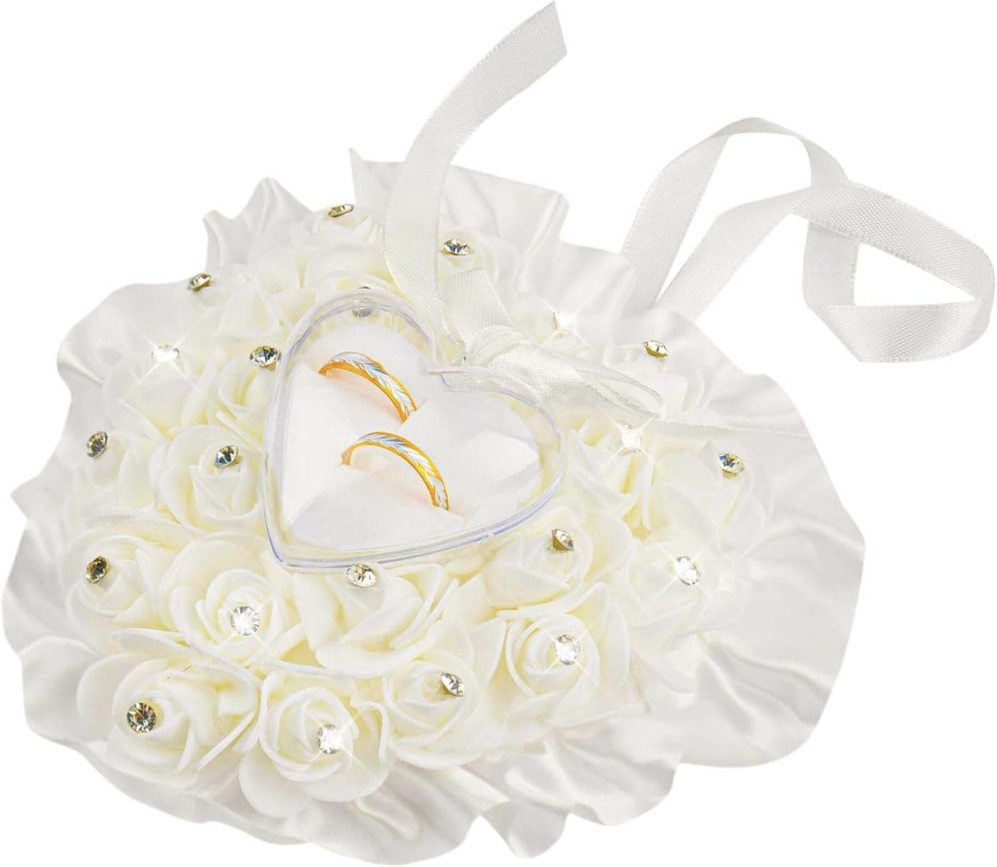 AUEAR White Wedding Ring Holder Pillow Heart Shape Lace Rose Flower Rhinestone Crystal Box for Ceremony