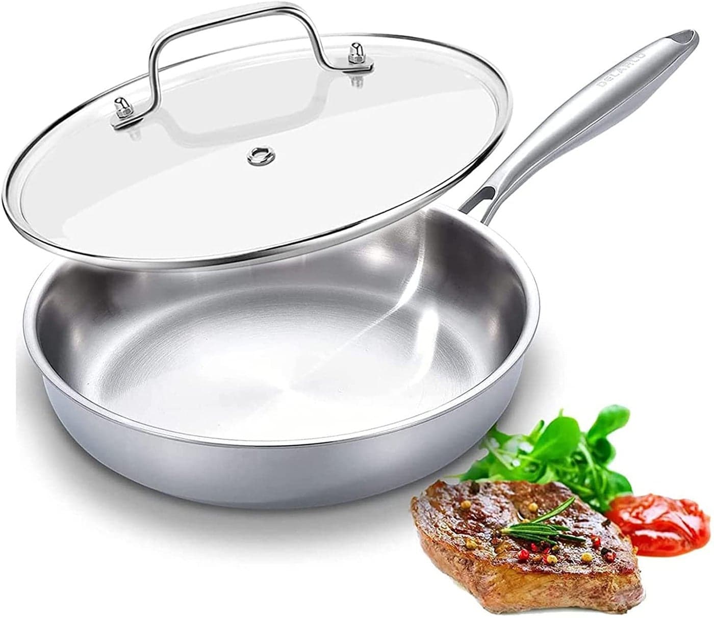 DELARLO Stainless Steel Pan10 Inch Skillet with LidOven Safe Up to 600Triply Stainless Steel CookwareStainless Steel Pan 10 inInduction CompatibleFast Even HeatLarge Cooking Surface