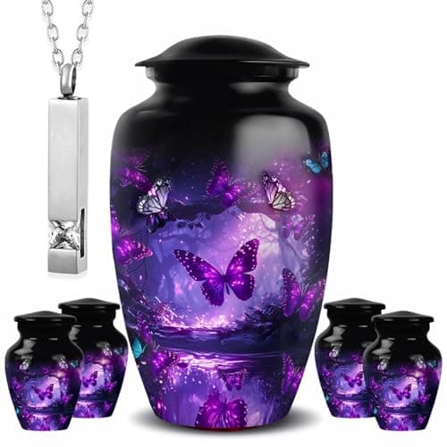 LIFAG Funeral Cremation Purple Butterfly Urn Sets of 6 with 1 Large Butterfly Purple Urns for Human Ashes Adult Female & Male, 4 Small Purple Urn for Ashes for Women & 1 Pendant for Ashes