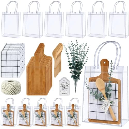 Teenyyou 6 Sets Baby Shower Prizes for Game Player Baby Shower Winners Guest Gifts Bamboo Cheese Board Bamboo Spoon Plaid Towel Artificial Eucalyptus Stems Tag Bag for Wedding Bridal Favors(Rectangle)