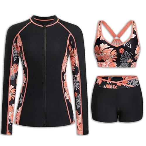 Daci Orange Floral Women 3 Piece Rash Guard - Long Sleeve Zip Up Swim Shirt with Sports Bra and Shorts UPF 50+ Modest Swimuits 2026 L