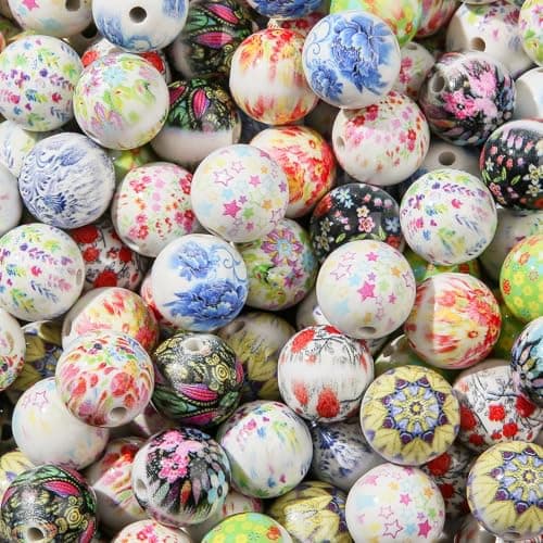 BERMRO 16mm Acrylic Beads 100pcs Color Flower Print Bubblegum Bead Focal Space Beads for for Bracelet Necklace Earring Jewelry Making Color Flower