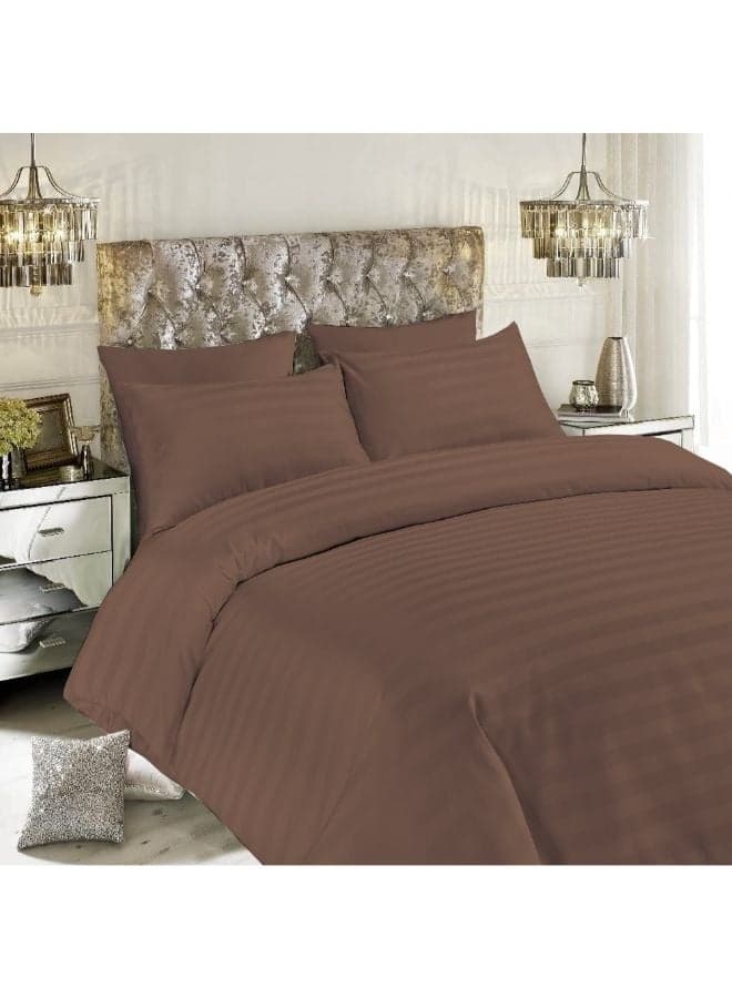 Tulip (Dark Brown) King Size Fitted Sheet,Duvet cover and Pillow Covers with 1 cm Satin Stripe (Set of 6 Pcs) 100% Cotton, Soft and Luxurious Hotel Quality Bed linen-300 TC