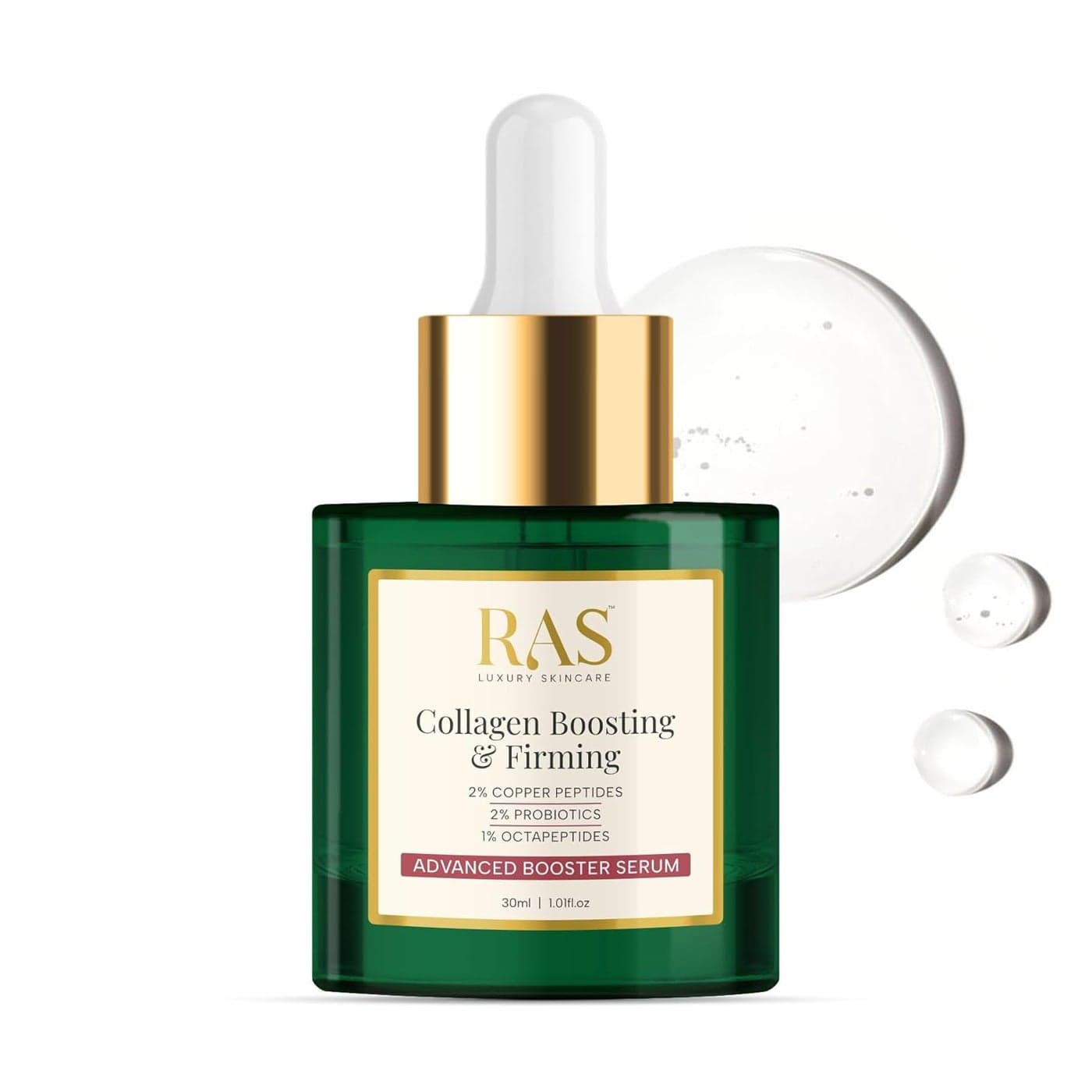 RAS Luxury Oils Collagen Boosting Firming Advanced Booster Serum for Collagen Production with 2 Copper Peptides 2 Probiotics 1 Octapeptides Provides Intense Hydration Elasticity 30 ml