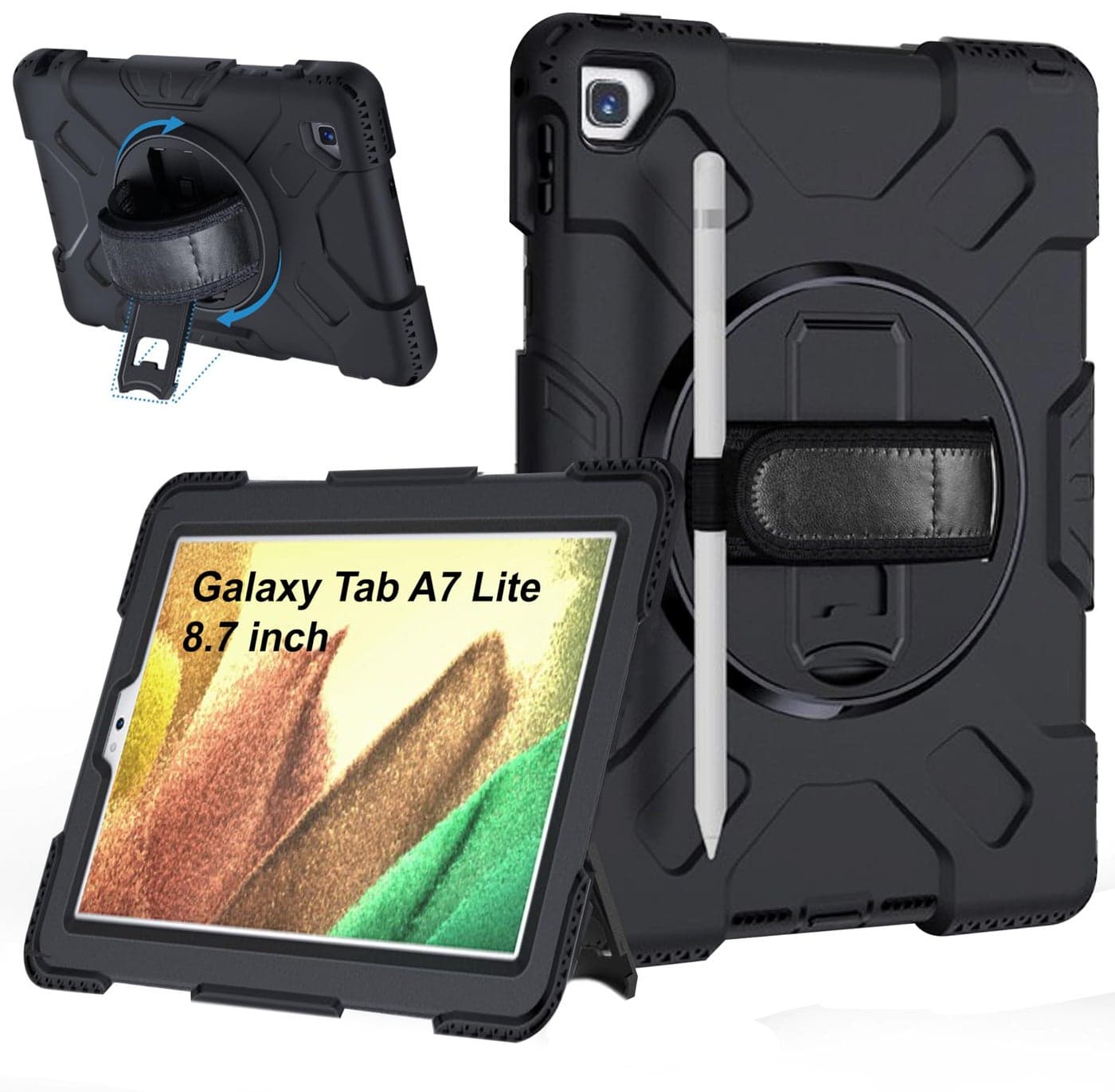 TGK Heavy Duty Hybrid Case for Samsung Galaxy Tab A7 Lite 8.7 inch Shockproof Sturdy Cover with Rotating Stand, Handle and Pen Holder Black