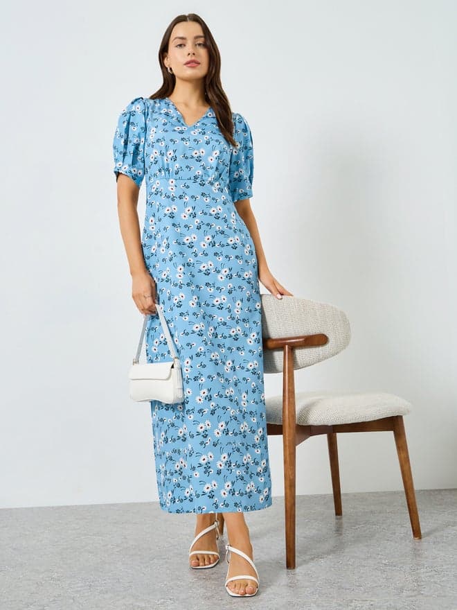 Blue Floral Maxi Dress with Puff Sleeves