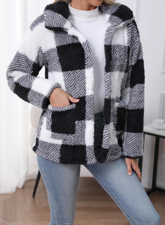Take Two Women Checked Button Front Pocket Detail Plush Coat
