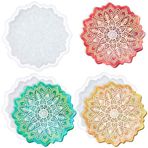 MIKIMIQI Mandala Flowers Coaster Mold 3 Pack Sun Flowers Tray Resin Molds Epoxy Resin Casting Silicone Moulds for DIY Resin Coaster Snacks Serving Board Jewelry Holder Home Decor