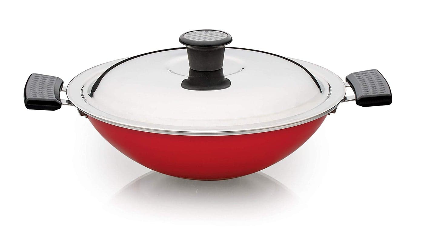 SOWBAGHYA Non-Stick Aluminium Deep Appam Kadai — Red | 2.6mm Thick | Glass Lid | Appachatti | Gas Stove Compatible | Perfect for Appam, Paniyaram & South Indian Breakfast | with Lid