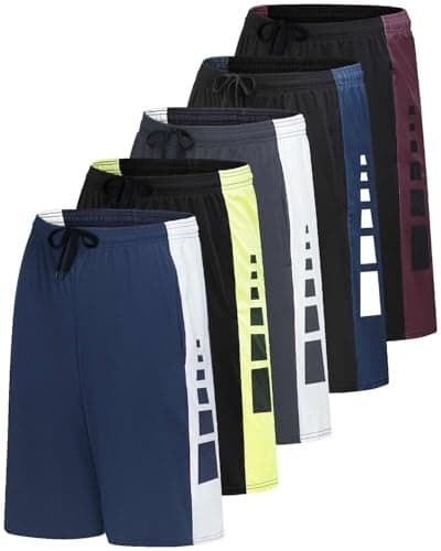 Real Essentials Men’s 5 Pack: 9" Dry-Fit Shorts – Athletic Gym, Workout, Basketball, Running, Casual Lounge Active Pockets, Set 10, M