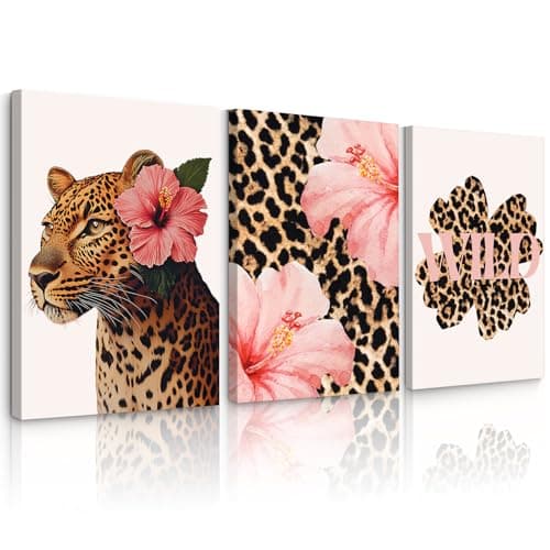 Trendy Leopard Wall Art Pink Cheetah Print Room Decor Leopard Flower Canvas Wall Decor Cheetah Aesthetic Poster Girly Pink Preppy Picture Funky Y2k Artwork for Girl Bedroom 12x16x3 Inch Wrapped Canvas