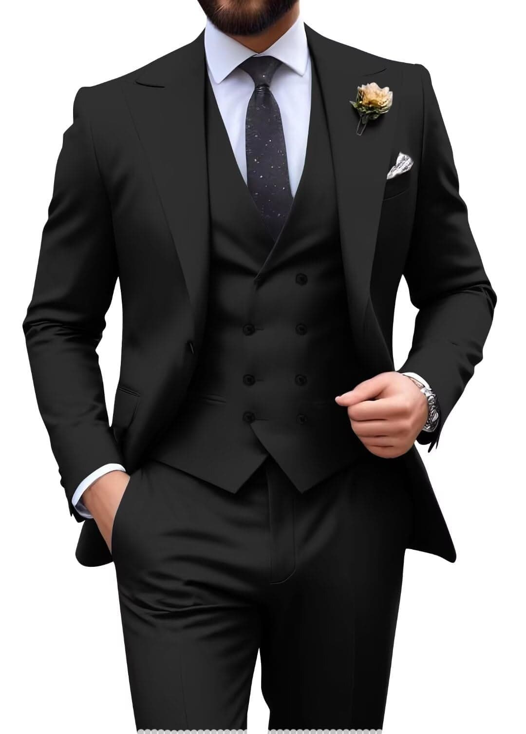 Mens Black Suit Slim Fit 3 Piece Double Breasted Suit Men Formal Wedding Groom Tuxedo Suit Blazer Vest Pants Set Large