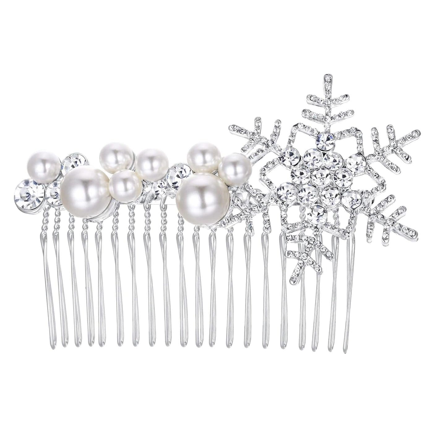 EVER FAITH Crystal Simulated Pearl Winter Snowflake Hair Side Comb Clear SilverTone