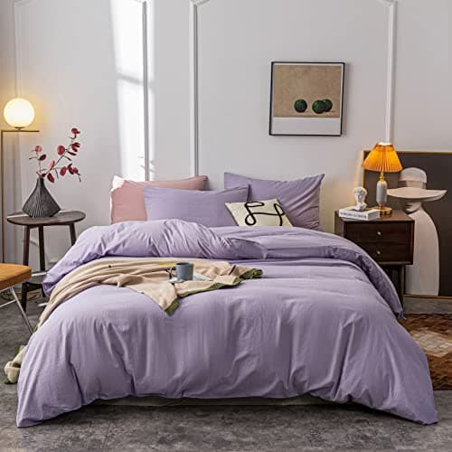 Janlive Washed Cotton Duvet Cover King Ultra Soft 100 Cotton Solid Color Lavender Purple Duvet Cover Set with Zipper Closure 3 Pieces Purple King