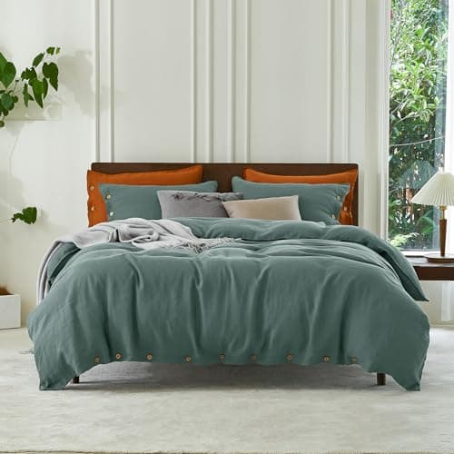 EVERLY 100% Pure Linen Duvet Cover Set King Size 104X90Inch 3pcs (1 Duvet Cover,2 Pillowcases) Soft and Breathable for All Season with Coconut Button Closure, Suitable for Hot Sleepers-Aqua-King