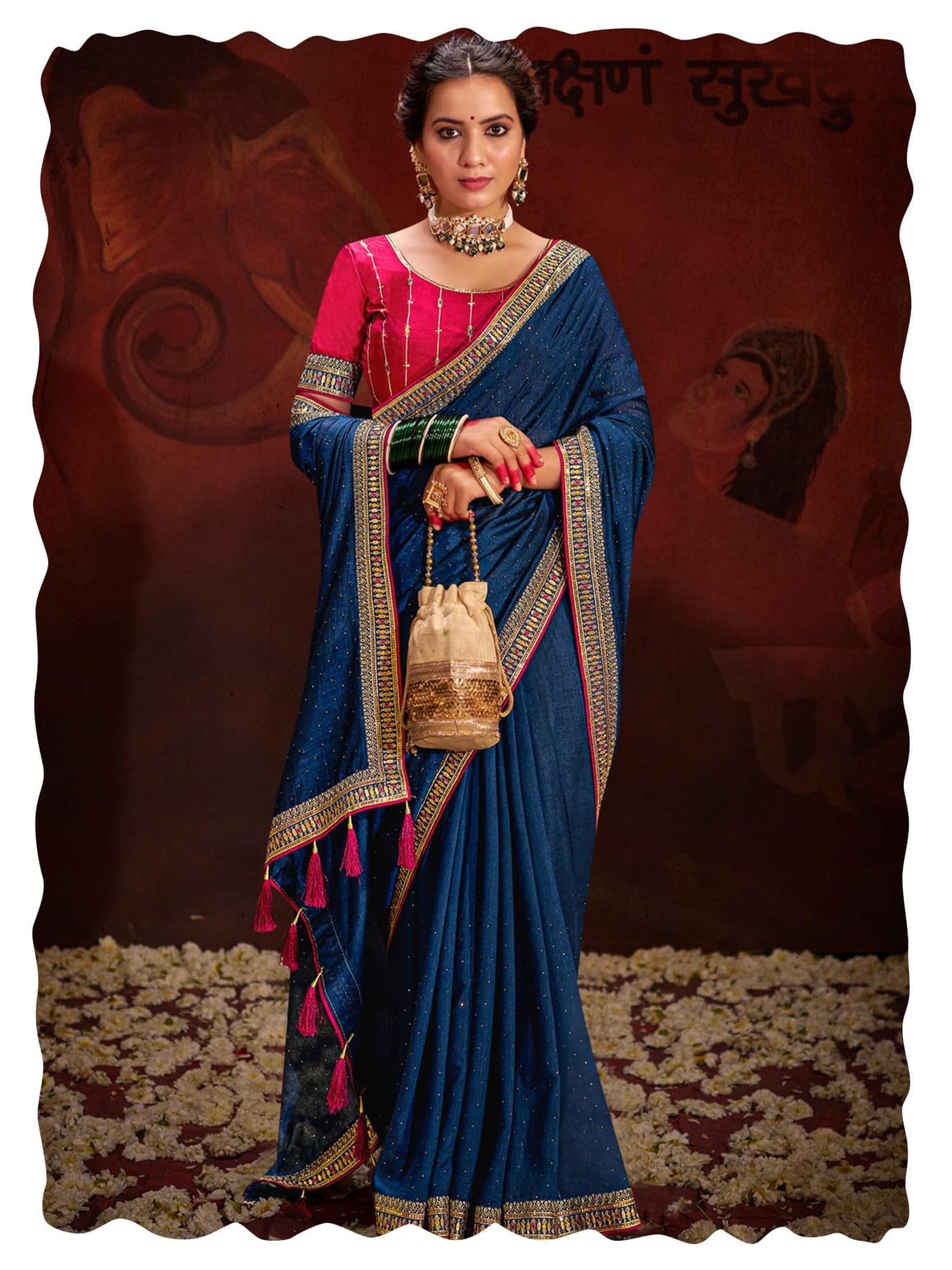 SAREE MALL Women's Navy Blue Vichitra Silk Embroidered Saree with Unstitched Blouse Piece(AYUSHI4005_SUM)