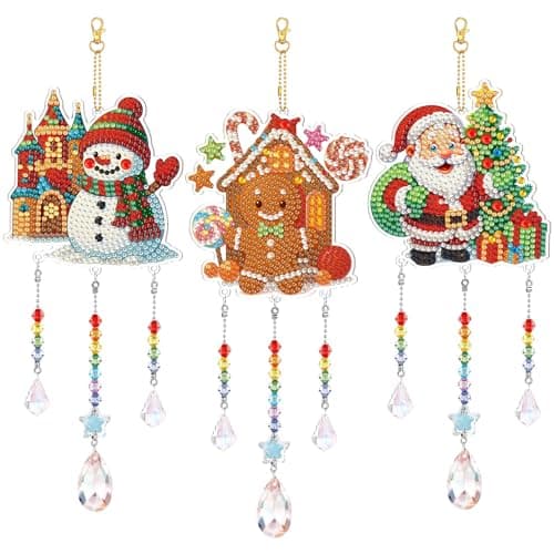 Jetec 3 Pcs Diamond Art Kits Diamond Art Suncatchers Double Sided Wind Chimes DIY Crafts with Crystal Pendant for Window Home Garden Car DecorSnowman Gingerbread Man Santa