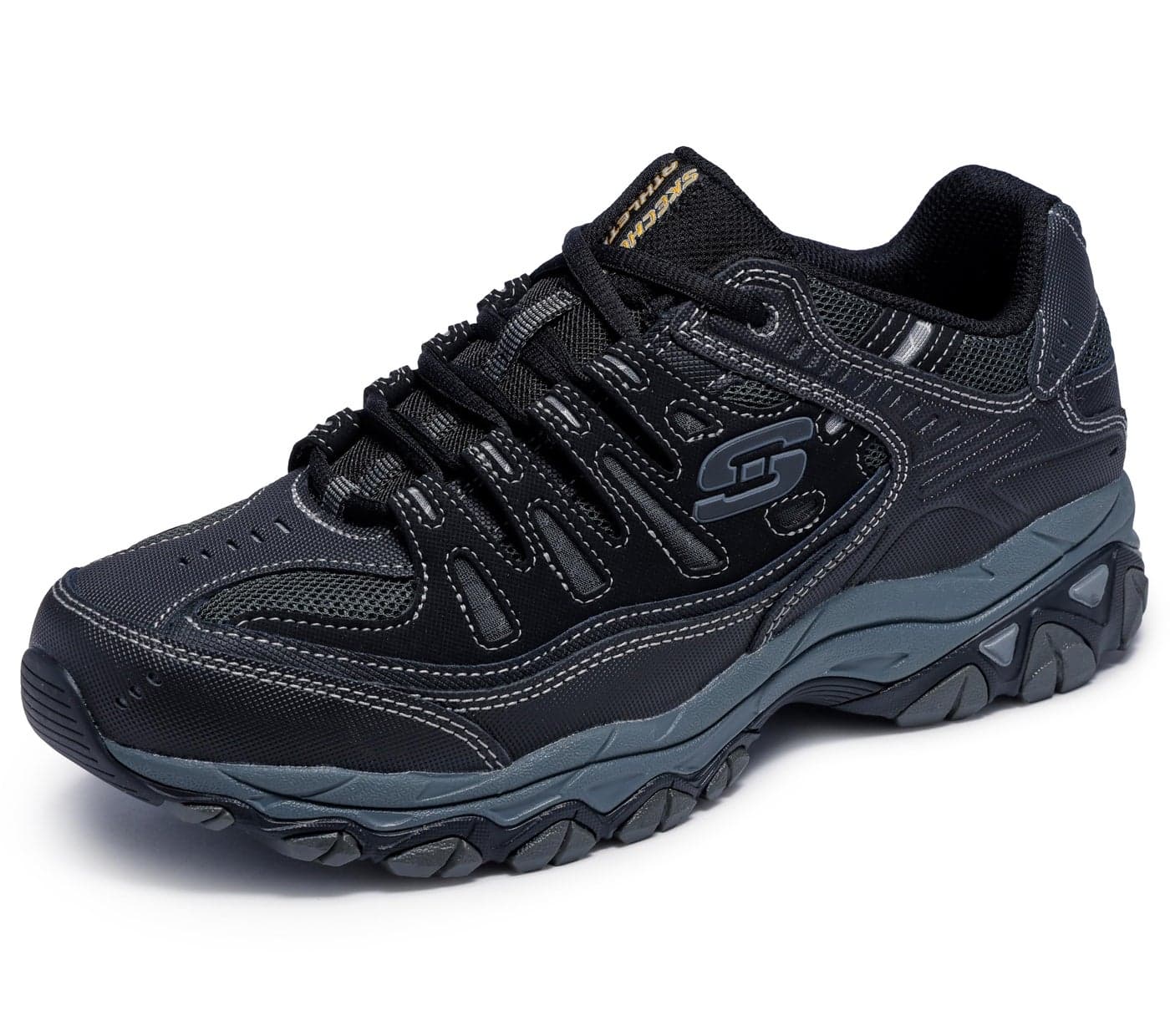 Skechers Men's Afterburn M. Fit Fashion Sneakers – Leather Upper, Memory Foam Insole, Rubber Outsole, Black/Charcoal, 13
