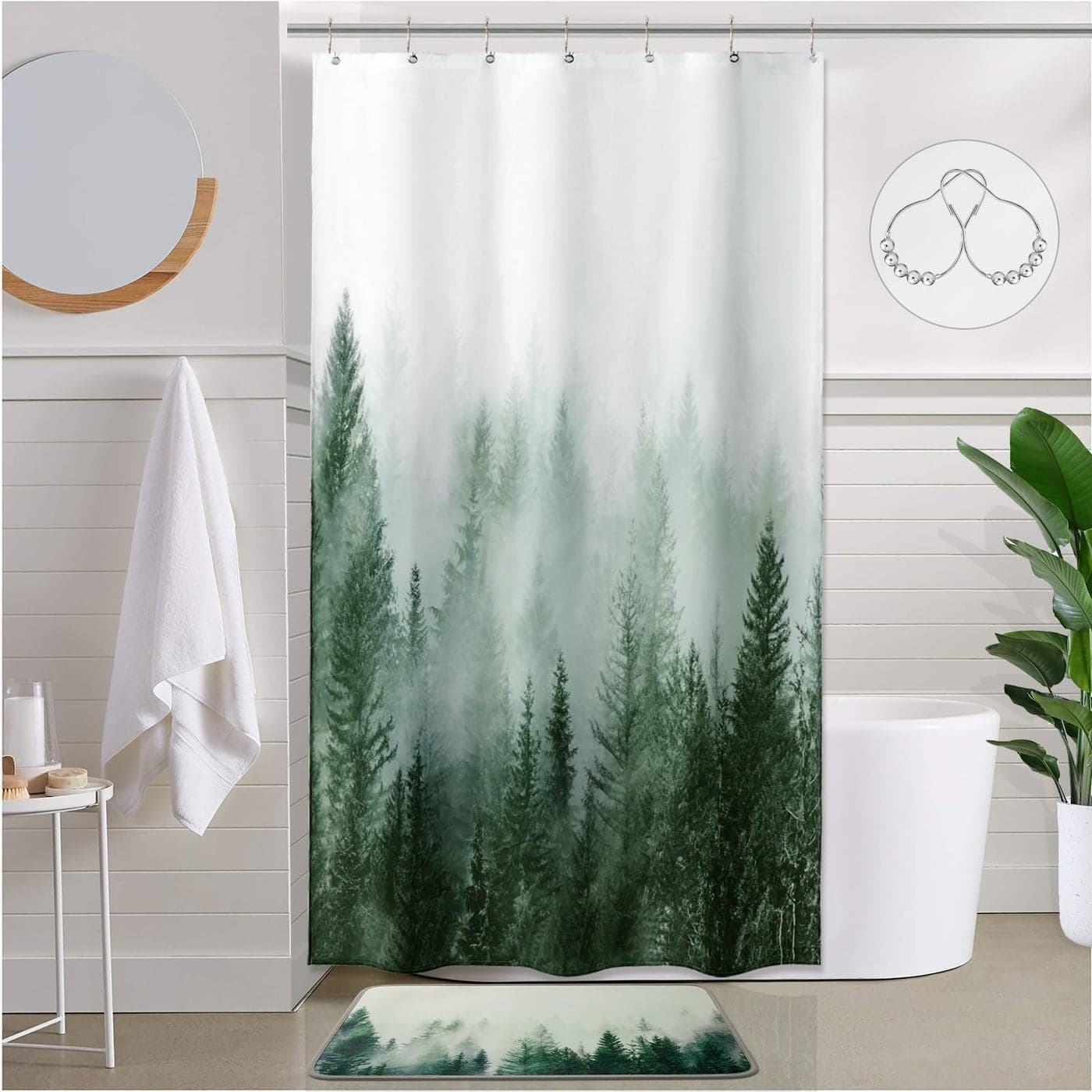 ORTIGIA Misty Forest Stall Shower Curtain for Small Bathroom Green Half Size Narrow Nature Woodland Shower Curtain Set with Hooks Waterproof Fabric Pine Tree Fog Magic Home Bath Curtain 36x72 inch