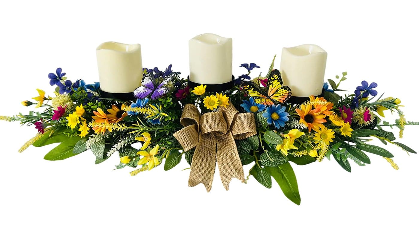 Svndlyn Candle Holders Spring Summer Centerpiece3 Wick Candle Holder with Daisy and Sunflowers Perfect for Spring DecorEaster Centerpiece Table DecorIndoor Home DecorDesktop Decor