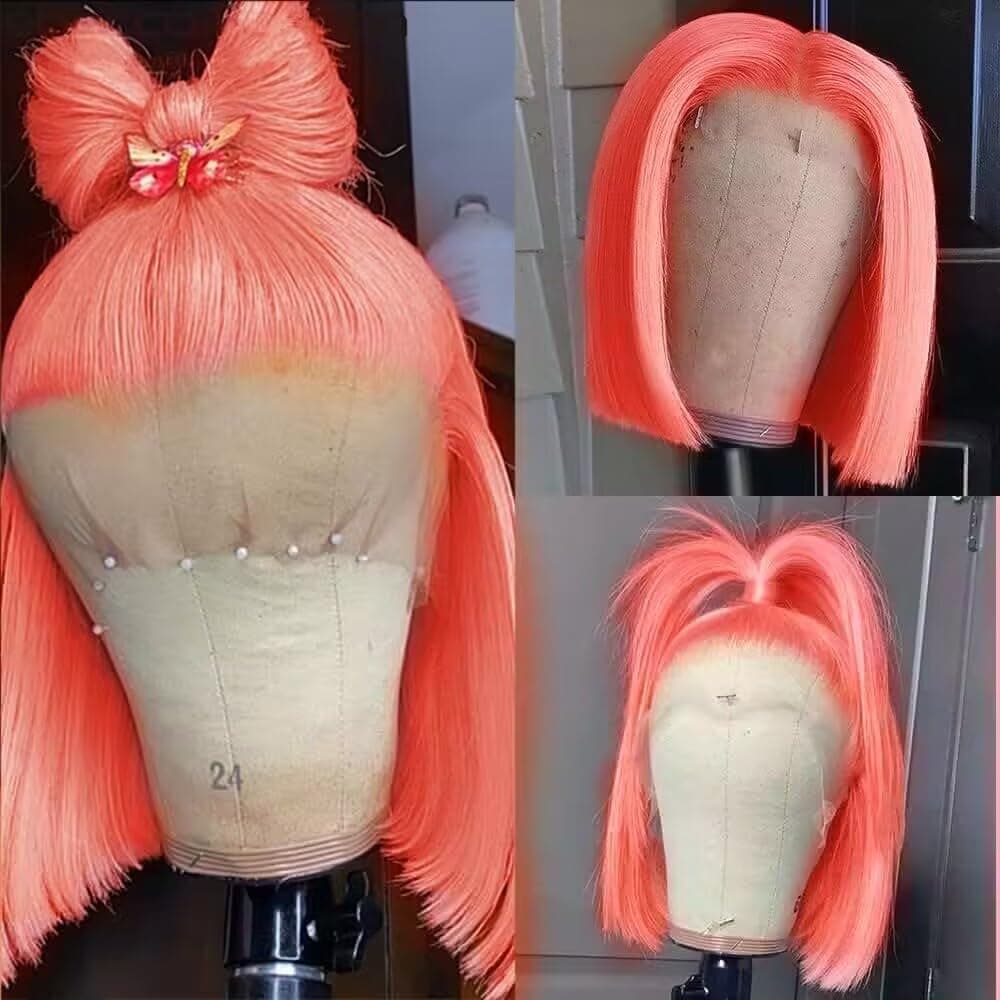 Pre Plucked 13X4 Straight Pink Bob Wig Human Hair Lace Front Wigs With Baby Hair Natural Hairline Glueless Wigs Human Hair Bob HD Transparent Lace Frontal Blunt Cut Short Pink Bob Wigs For Black Women