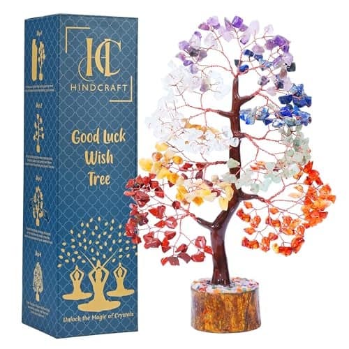 HindCraft Seven Chakra Crystal Tree Good Luck Showpiece for Home Decor Items Crystals Gemstones Bonsai Money Tree for Good Luck, Decoration Gift Item, Copper Wire, 10-12 inch