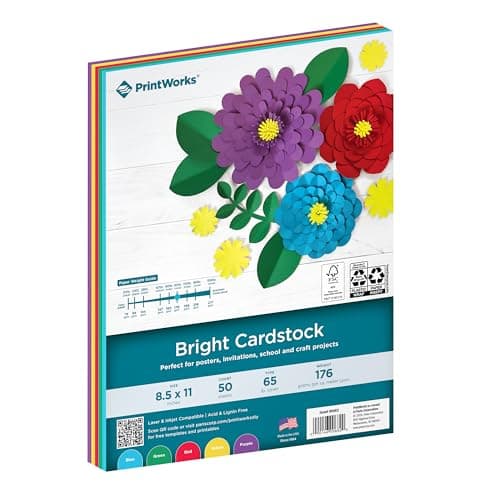 PrintWorks Bright Cardstock 8.5" x 11" - 50 Sheets - 5 Assorted Primary Colors - Ideal for School & Craft Projects - 65 lb/176 gsm - Made in the USA - FSC® Certified (00682)