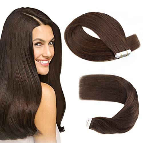 Sassina Remy Human Hair Tape in Extensions 20 Inch Dark Brown Long Straight Invisible Skin Weft 50 Gram Semipermanent 20 Pcs 2