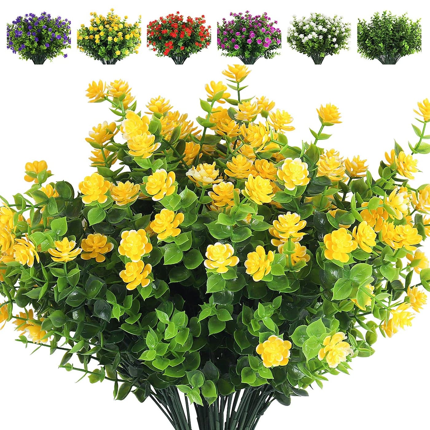 RECUTMS 8 Branches Artificial Flowers Faux Plants Lifelike UV Resistant Fake Eucalyptus Plants for Garden Patio Yard Wedding Office and Farmhouse Indoor Outdoor Decor Yellow