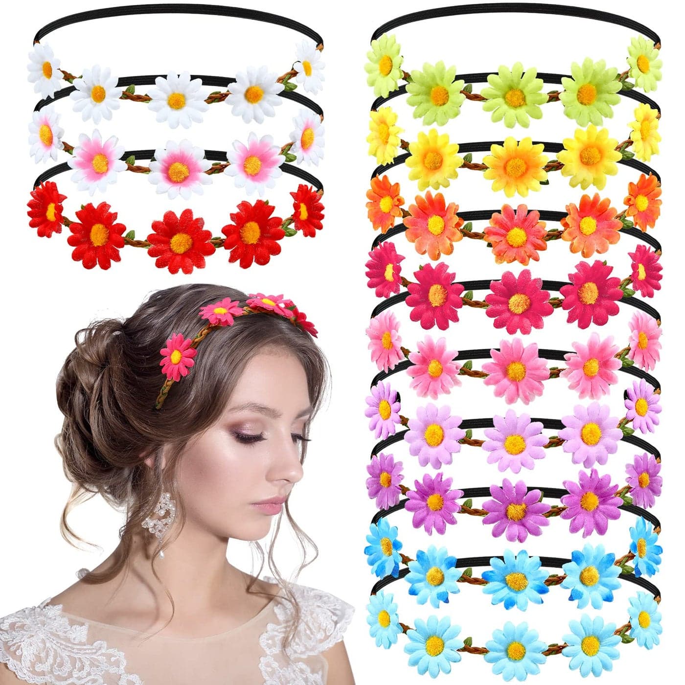 Chunyin 24 Pieces Multicolor Flower Headbands for Women Floral Flower Crown Hippie with Adjustable Elastic Hair Band Hair Accessories for Festival Wedding PartyVivid