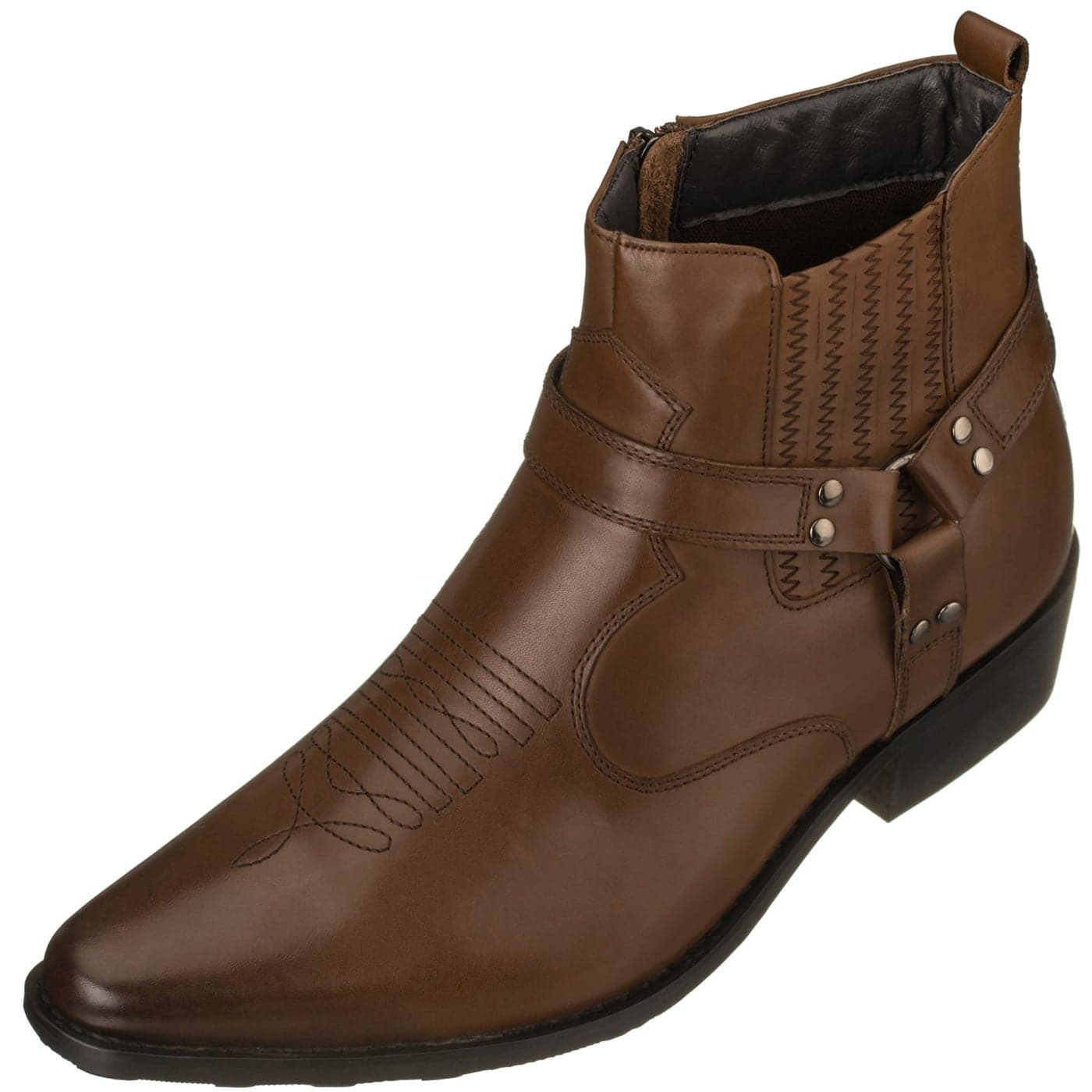 CALTO Mens Invisible Height Increasing Elevator Shoes Dark Brown Premium Leather Cowboy Zipper Boots 33 Inches Taller T8113 Size 9 DM US