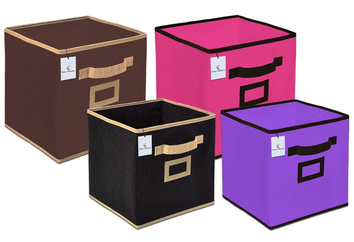 Kuber Industries Non Woven 4 Pieces Small & Large Foldable Storage Organiser Cubes/Boxes (Black & Coffee & Pink & Purple) - CTKTC035353