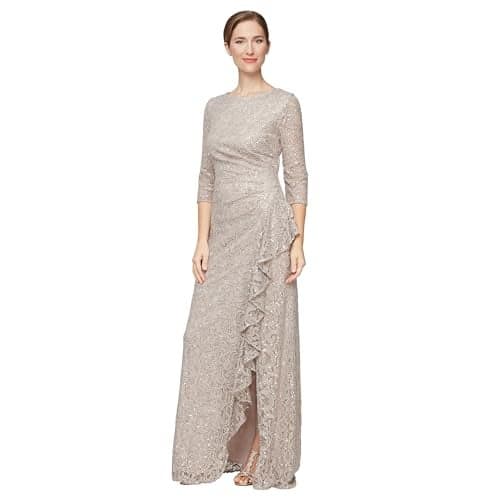 Alex Evenings Women's Long 3/4, Mother of The Bride Dress w/Cascade Ruffle and Front Slit, (Petite and Regular Sizes), Buff Sleeve, 16