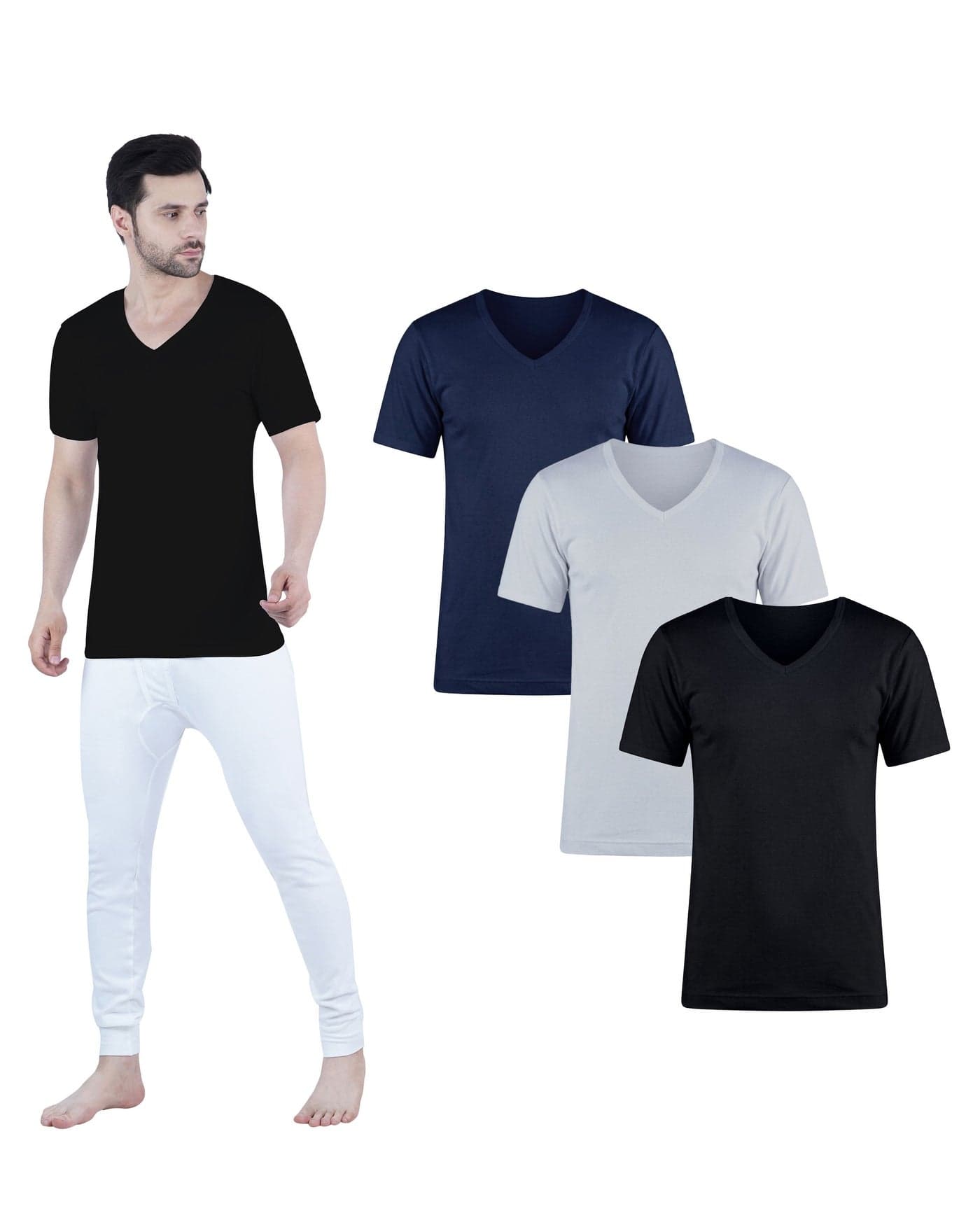 WHITE LEAF Men's V-Neck Undershirt Vest Half Sleeve 3PCS Pack – 100% Combed Cotton Breathable Comfortable Innerwear, BK/GYM/NV (WLVNSUG-03-S)