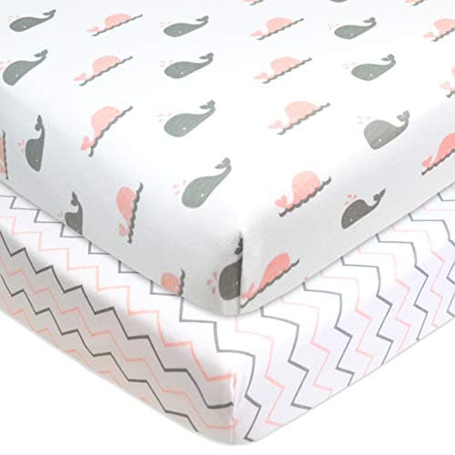 American Baby Company 2 Pack 100 Natural Cotton Fitted Mini Crib Sheets 38 x 24 Soft Breathable Small Nesting Portable Sheets Fits Pack N Play Mattresses Pink WhaleZigzag for Boys Girls